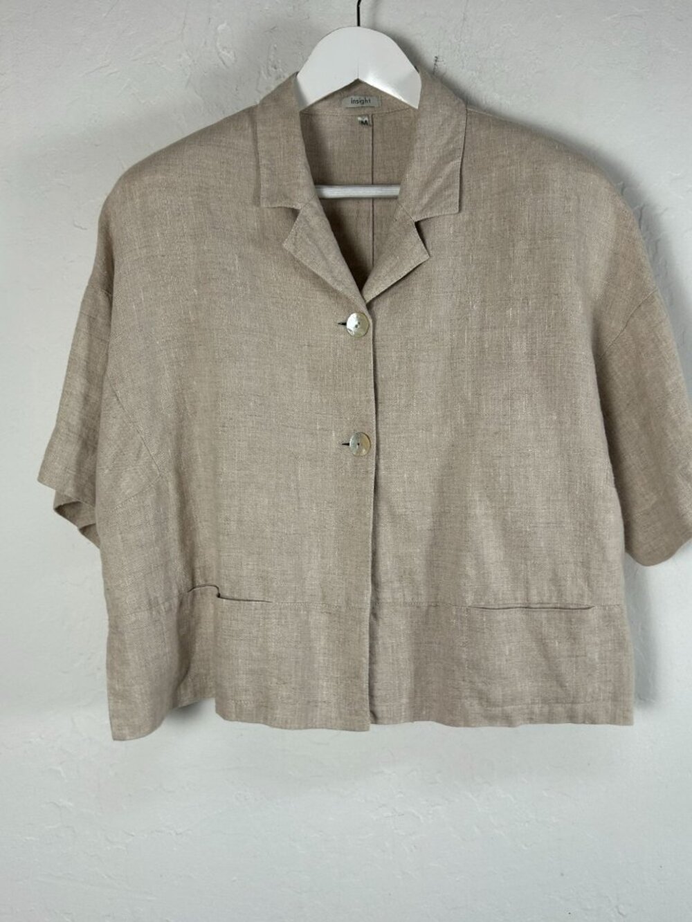 Insight Womens Beige Linen Crop Jacket Short Sleeve Button Front Blazer Medium